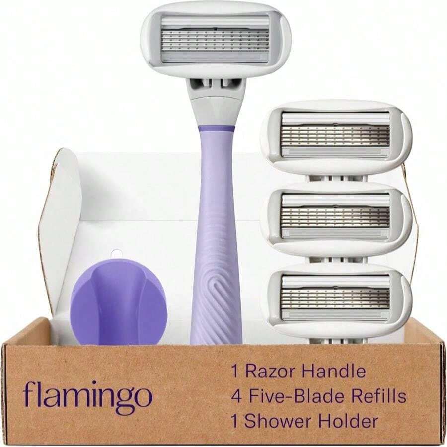 Flamingo Razors For Women, 1 Women'S Razor Handle Rose), 4 Razor Five-Blade Refills, And 1 Shower Holder - Lilac - 查看 1