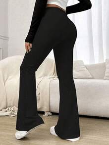 2 chiếc quần ống loe cạp cao, màu trơn dành cho nữ cỡ lớn, quần thể thao yoga, quần legging nén, quần chạy bộ, quần tập thể dục, quần legging nữ mùa xuân hè, quần áo nữ màu đen - màu đen - Xem 3