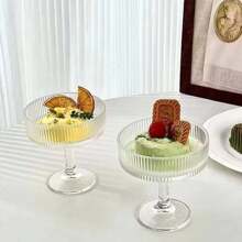 1pc INS Style Home Dessert Pudding Striped Tall Glass Cup For Ice Cream, Cold Drinks, Cocktails, Etc.