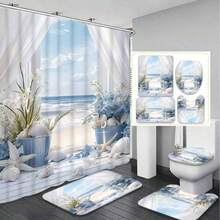 4pcs Creative Seaside Landscape Coral & Shell Patterned Shower Curtain Set, Mother's Day Gift, Decorative Home Decor, Spring/Summer, Festival Decoration, High-End Bathroom Decor Accessories, Waterproof, Machine Washable, 12 Hooks Included, Essential For Bathroom Decoration, Bath Tub Partition And Easy To Clean Design, Giving A Refreshing Bathroom Experience Bathroom Accessories - Multicolor - View 1