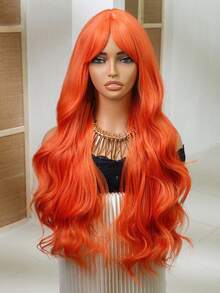 Cute Wigs -Burn Orange Blonde Medium Part Bangs Long Curly 26-Inch Daily Simulation Scalp Natural Woman Wigs For  Wedding Party - 亮橙色 - 查看 4