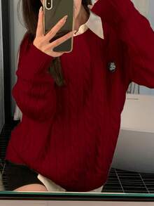 Alicedudu Damen minimalistische Lässig Pullover Sweater mit Buchstaben Patch und Flechtmuster, Herbst/Winter