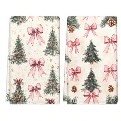 1set/2pcs/100pcs Christmas Bow Pattern Kitchen Towels And Dish Towels, Suitable For Interior Decoration In Restaurant, Kitchen, Bathroom, Party Decoration, Can Be Used As Holiday Gifts