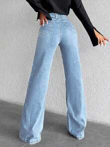 Jeans casuales de cintura alta y ajuste delgado para adolescentes - Celeste - Ver 2