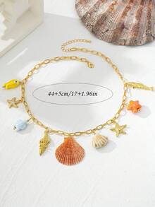 1pc Ocean Life Starfish Shell Cultured Pearl Bamboo Knot Creative Necklace, Vacation Seaside Style Delicate Design Choker Necklace, Fashion Versatile Personalized Necklace - Golden 2 - View 11
