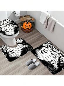 万圣节浴帘套装，带防滑浴室地毯、马桶盖和座椅 - 采用防水涤纶制成，恐怖蝙蝠主题，编织，包含 12 个挂钩 - 必备浴室装饰物品（1 件/4 件） - 彩色 - 查看 6