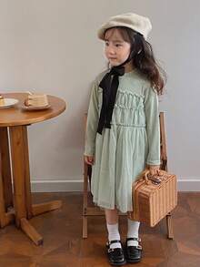 Girls' Autumn Shiny Mesh Flowy Long Sleeve Casual A-Line Dress - Green - View 5