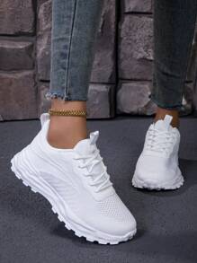 أحذية رياضية بيضاء كاجوال للنساء، لون أبيض سادة، قابلة للتنفس وعصرية، أحذية خارجية مريحة متعددة الاستخدامات للجري، مناسبة للربيع والخريف