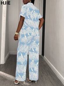 Bộ đồ hai mảnh dành cho nữ, Bộ đồ mùa thu, Áo sơ mi tay ngắn in họa tiết bất đối xứng + Quần dài, Trang phục công sở thoải mái, Trang phục hàng ngày, Trang phục tốt nghiệp - Màu xanh nhạt - Xem 4