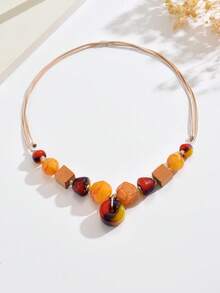 1 件波西米亚复古木质八角形串珠手工吊坠项链，夸张短款颈链，适合女士 - 黃色 - 查看 4