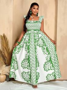 夏季大码女装日常休闲度假出游优雅性感约会无袖黑木耳边荷叶袖裹身热带印花长裙