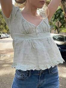 Y2k Summer Tops For Women Cute Sweetheart Neck Crop Tops Solid Color Short Sleeve Pleated Hem Button-Up Slim Fit Blouse Babydoll Tee Casual Going Out Tops Streetwear Fairy Clothes - 綠色 - 查看 5
