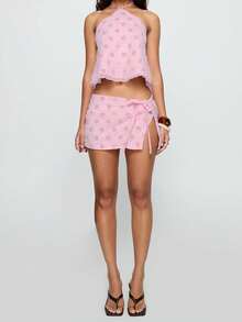Women's Summer Flower Set Summer Fashionable Sequin Sleeveless Halter Neck Crop Tops With Mini Skirt 2 Piece Outfit - 粉色 - 查看 5