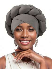 女士非洲扎赫拉帽，奢华夸张的非洲风格手工编织头饰，时尚头巾帽，适合特殊场合、睡眠、夏季、海滩等场合。 - 黑色 - 查看 15