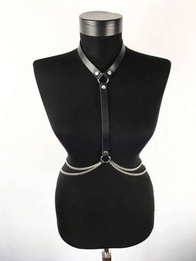 1pc Women's Black Sexy Layered Necklace Chain Waist Belt Harness, Suitable For Daily Wear Or Carnival Party