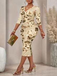 BIUBIU Plus Size Women's Fashion Wavy Print Wrap V-Neck Ruched Bodycon Midi Dress (Random Print) Elegant Summer - Apricot Brown Flowers - View 4