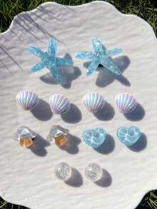 12pcs Cute (Blue Sequin Starfish, White Shell, Mushroom, Wave Heart) Shoe Clips, DIY Decorations, Suitable For Women's Sandals, Slippers, Beach Bags Multifunctional Shoe Clips - Perfect Gift For Holiday Parties And Special Occasions - Blue - View 5