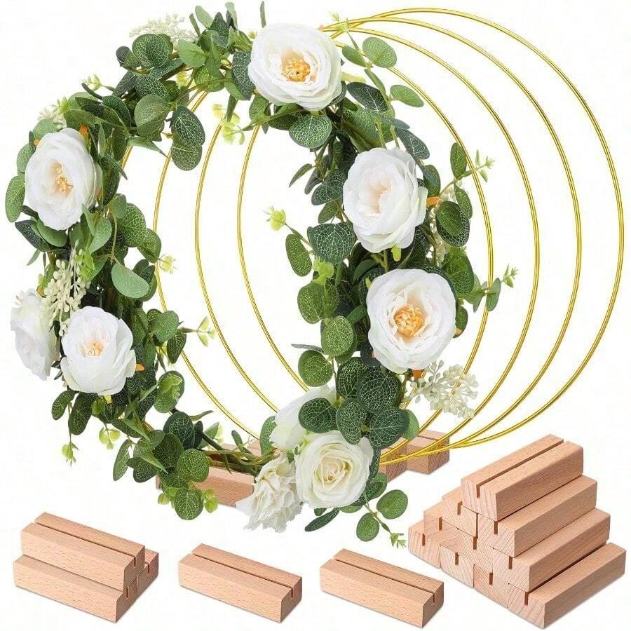 HLTA3A Zhengmy 25 Set 12 Inch Metal Floral Hoop Wreath Macrame Large Hoop Centerpiece With Stand Craft Round Dream Catcher Rings For DIY Wedding Wreath Table Decors Centerpiece Gold With Brown Base Oplm