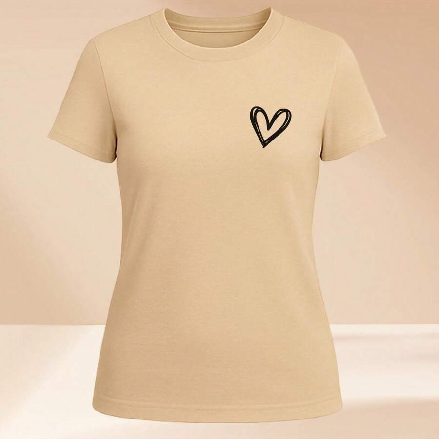 Women's Basic T-Shirt Cute Heart 100% Cotton Various Colors - 米色 - 查看 1