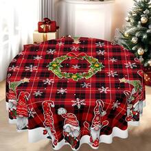 Weihnachtsthema Polyester Tischdecke, runder Durchmesser 145cm, rechteckig 140x180cm, Weihnachtstischdecke mit Weihnachtsmann Zwerg Muster, fröhliche Weihnachten Schriftzug Holzmaserung Hintergrund Design, geeignet für Feiertags-Restaurant, Heimdekoration und Jahresendfeier - Schwarz und Weiß - Übersicht 3