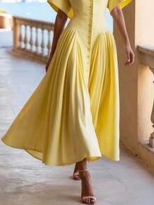 Notch Collar Button Front Maxi Dress Short Sleeves High Waist Pleated Shirt Dresses For Women - 黃色 - 查看 3