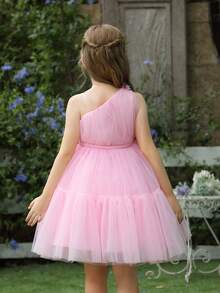 3D Flower Decor One-Shoulder Tulle Princess Dress For Girls, Suitable For Birthday Gift, Party, Wedding, Flower Girl, Holiday Celebration - Pink - View 9