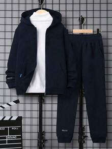Tween Boy 2pcs Set Casual Sports Training Solid Color Fleece Hooded Jacket And Solid Color Drawstring Pockets Fleece Sweatpants, Warm Outfit For Spring Autumn Winter - Navy Blue - View 1