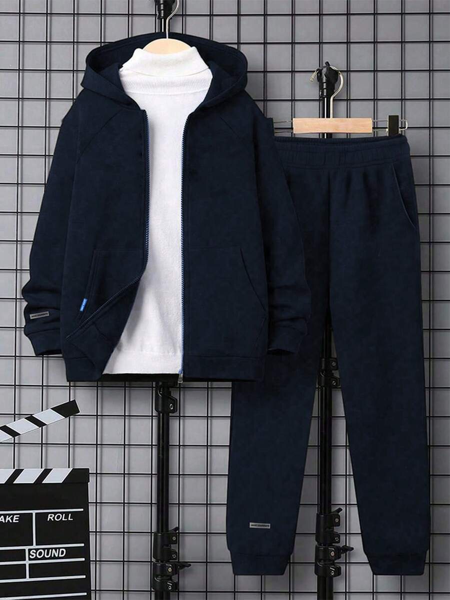 Tween Boy 2pcs Set Casual Sports Training Solid Color Fleece Hooded Jacket And Solid Color Drawstring Pockets Fleece Sweatpants, Warm Outfit For Spring Autumn Winter - Navy Blue - View 1