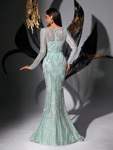 Đầm dạ hội lộng lẫy đính sequin và hạt cườm dành cho nữ, kiểu dáng đuôi cá tay dài thanh lịch, thích hợp cho khách dự đám cưới mùa xuân, tiệc cocktail, lễ tốt nghiệp. - Màu xanh bạc hà - Xem 3