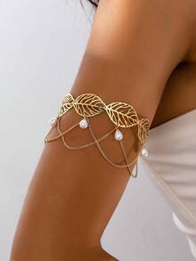 1pc Fashion Chain Tassel Hollow Leaf Shaped Cuff Bracelet With Butterfly/Teardrop Faux Pearl Pendant (No Gift Box), Butterfly Direction Random