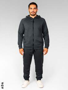 Conjunto de pants deportivo y casual para hombre, colores lisos, sin estampados, tela de poliéster, algodón y spandex, apto para temporadas de primavera y verano. pants de ajuste regular con bota semi-entubada, talle de cintura natural, bolsillos laterales funcionales con cremallera. Sudadera deportiva, cuello redondo con capucha, silueta de ajuste regular, cierre con cremallera y bolsillos frontales funcionales. Muy fresco y cómodo, ideal para hacer deporte al aire libre, caminata en el parque o para ir al gimnasio. - Gris Oscuro - Ver 2