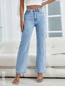 Women's Large-Size Straight-Cut Jeans With Pearl Decorations, Slant Pockets, Fashionable And Casual, Loose And Wide-Leg, Versatile Daily Women's Jeans, Plus-Size - 淺色水洗藍 - 查看 3