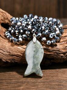 天然虎眼石鱼形吊坠长项链，手工打结水晶串珠波西米亚风格链条，秋冬 - 多色 - 查看 15