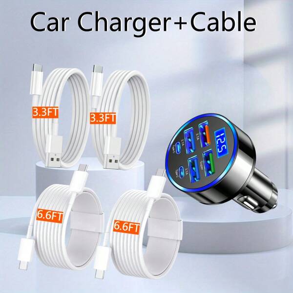 Car Charger USB C With LED Voltage Display,With 4 Charging Cables +6 Ports PD And QC3.0 Car Charger Adapter For Phone Tablets Fans, Universal 12V/24V USB Charger,For IPhone 16/15/15 Pro/15 Pro Max, IPad Pro, IPad Air 5/4/Mini, IPad 10