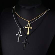 1pc Stainless Steel Coptic Cross Religious Pendant Necklace, Unisex, Minimalist Smooth Ankh Cross Pendant