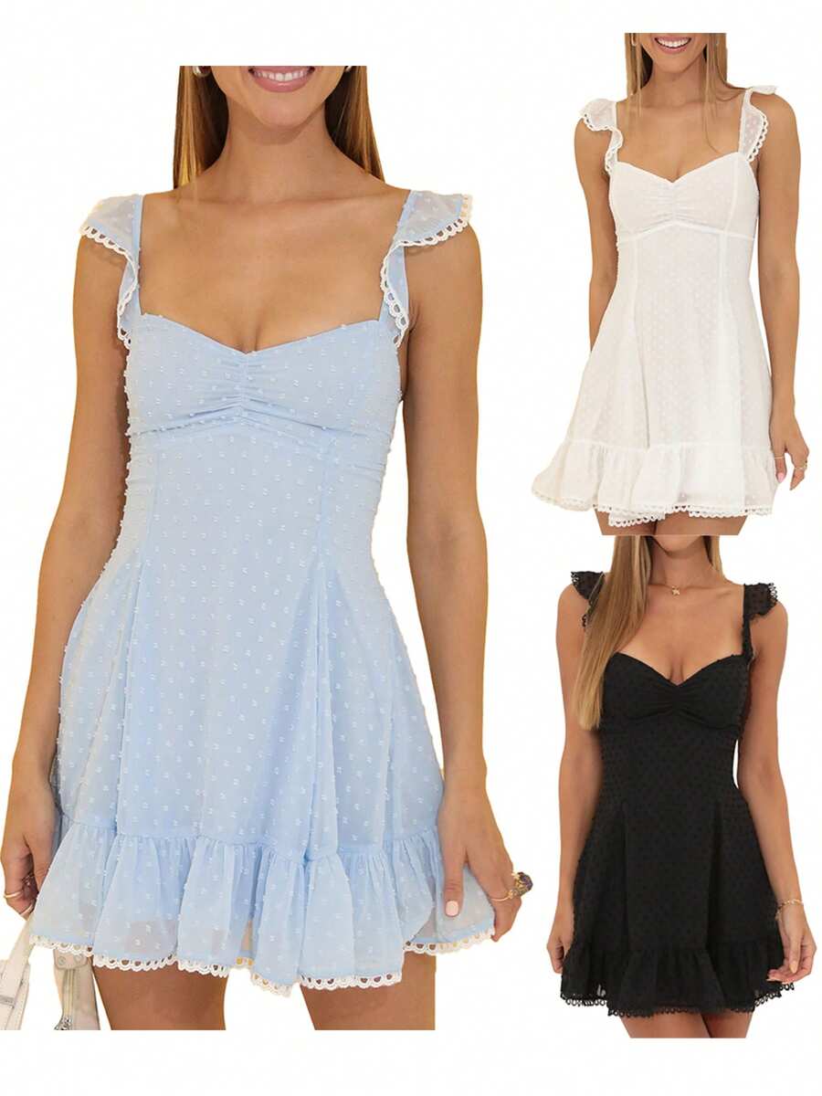 Women's Chiffon A-Line Dress - Dot Jacquard Print With Flutter Sleeves  V-Neck, Summer Party  Beach Dress - màu đen - Xem 1