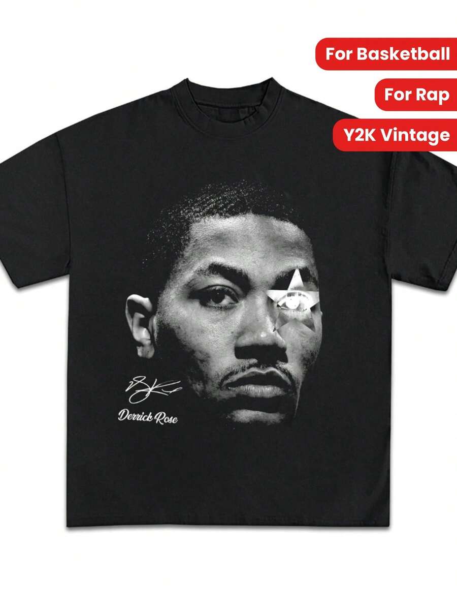 D Rose Graphic T-Shirt |   Y2K Vintage Basketball Rap |   Premium Heavyweight Shirt - 黑色 - 查看 1