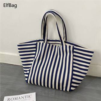 时尚条纹女士托特包，简约大容量休闲单肩包，撞色设计，耐用面料，可折叠轻便，适合旅行、通勤、购物和上学