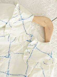 2pcs Girl's Set: Bow Print Smock Collar Long Sleeve Top + Skirt - Dusty Blue - View 3