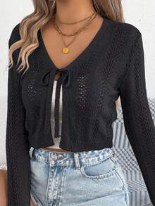 Women's Solid Color Knitted Cardigan Autumn Lace Up Hollow Long Sleeved Casual Outfit Knitted Sweater - Black - View 2