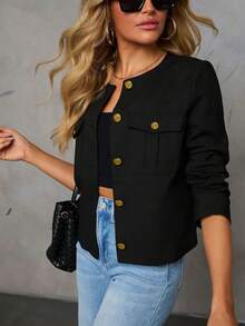 Jaqueta curta elegante feminina com botões em cores contrastantes, adequada para outono e inverno - Preto - Ver 5