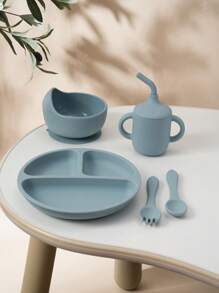 PopLittleOne 5 PIEZAS Conjunto de cubiertos de silicona para bebé, tazón con succión, plato, taza antiderrame, cuchara y tenedor blandos, vajilla para alimentación y entrenamiento de bebé antideslizante - Multicolor - Ver 12