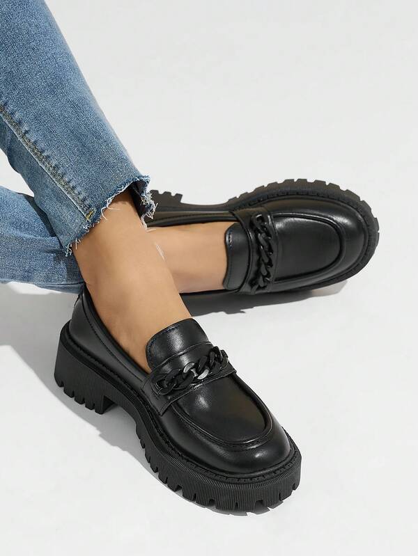 Women's Round Toe Slip-On Loafers, Thick Sole, Casual, Comfortable, Elegant, Versatile, Suitable For Work, College, Spring/Autumn, Black