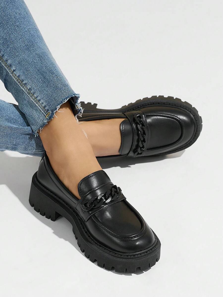 Giày lười mũi tròn cho nữ, đế dày, thường ngày, thoải mái, thanh lịch, đa năng, phù hợp đi làm, đi học, mùa xuân/thu, màu đen - màu đen - Xem 1