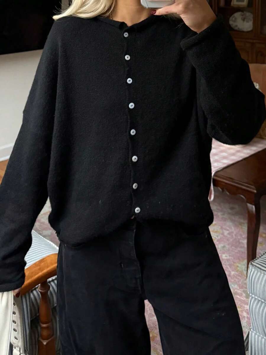 Women Y2k Crew Neck Cardigan Sweater Long Sleeve Button Down Solid Color Top Fall Casual Vintage Lightweight Knitwear - màu đen - Xem 1