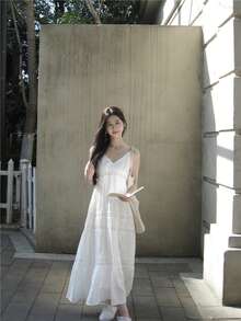 宽松白色拼布蕾丝边吊带背心裙，飘逸修身 - 白色 - 查看 5