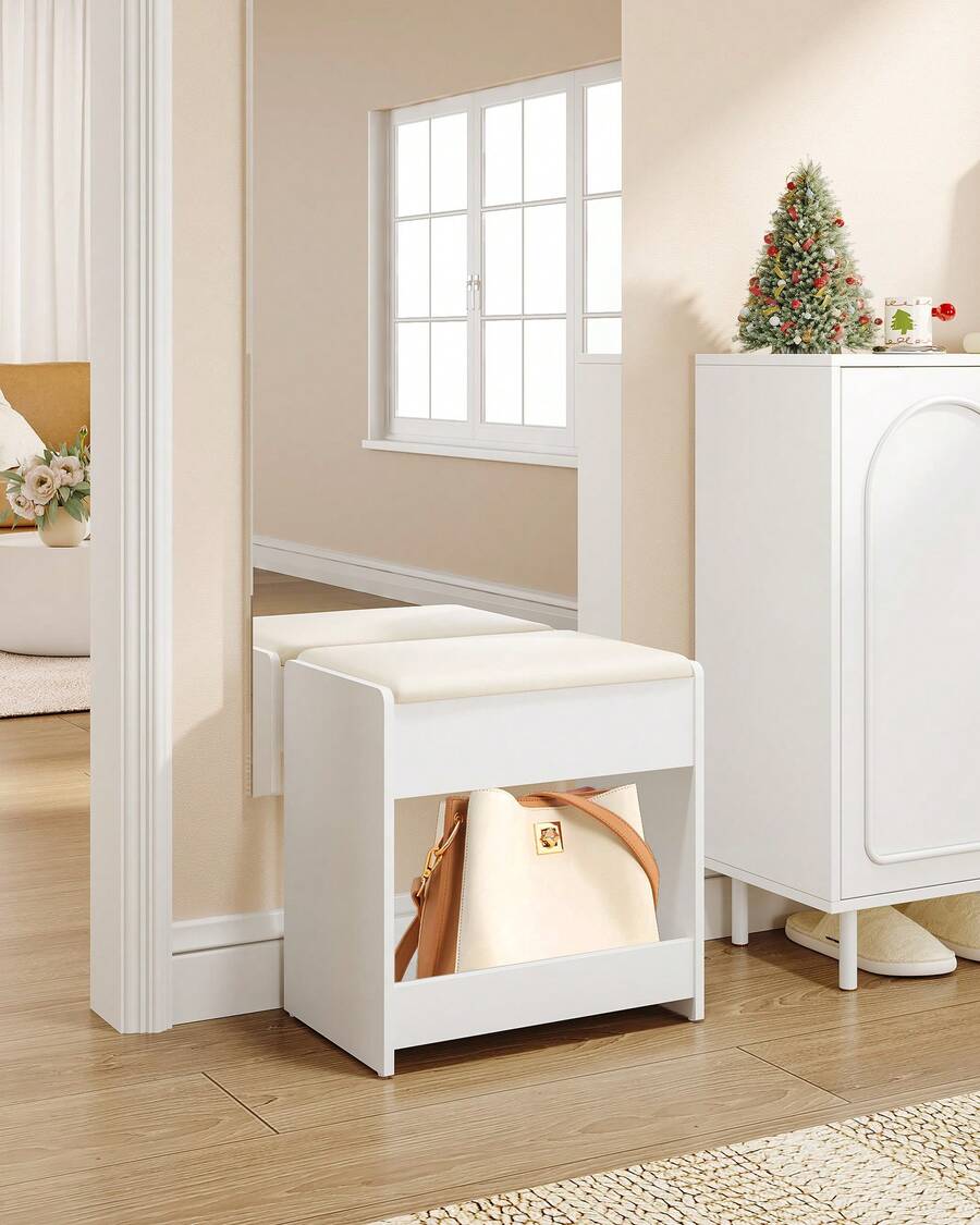 HaluPeit Dressing Table Stool, Soft Padded Vanity Stool, Makeup Chair With Non-Slip Foot Pads For Dressing Room, Bottom Storage, Bedroom, Entryway, White - 白色 - 查看 1