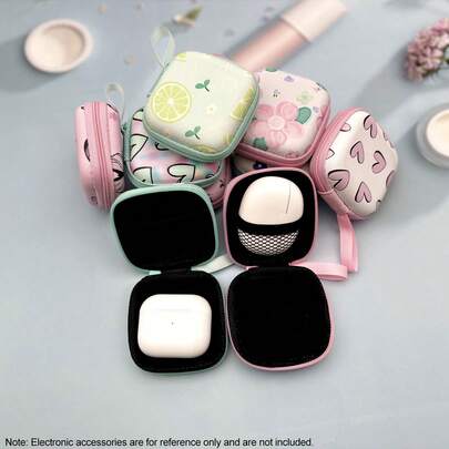 1个EVA材质方形耳机收纳盒，拉链封口，防震抗压，便携式手持收纳盒，可存放蓝牙耳机/U盘/硬币/钥匙，带网状口袋和柔软隔层，小巧轻便，男女通用旅行收纳袋