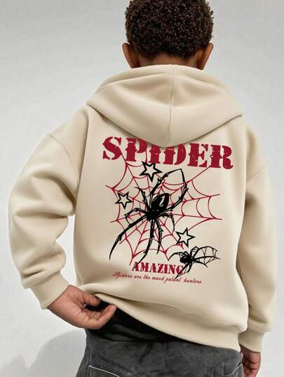 Tween Boys Casual Simple Spider Print Boys Hoodie Long Sleeve Hooded Sweatshirt Autumn Winter Student Boys Clothing
