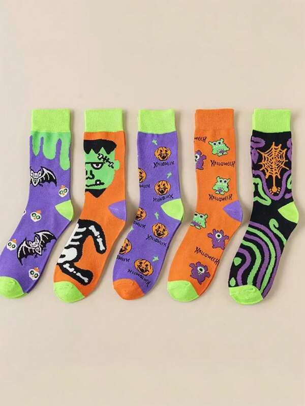 5 Pairs Halloween Cartoon Pumpkin Pattern Crew Socks, Funny & Cute